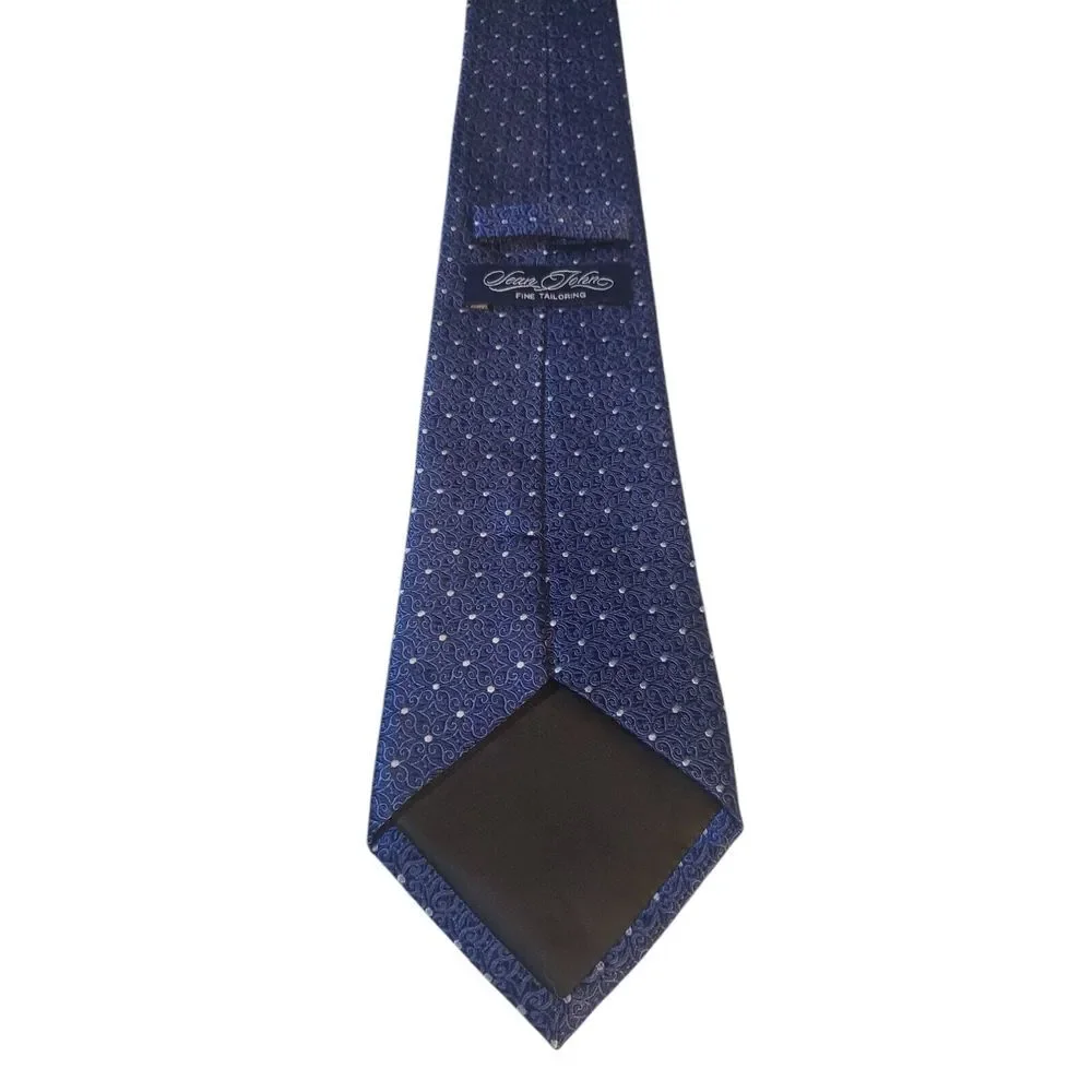Sean John Mens‎ Tie Necktie Fine Tailoring Blue White Scroll Print Polka Dot